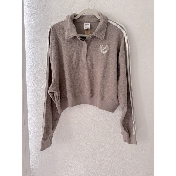 VICTORIA'S SECRET PINK REVERSE FLEECE CROPPED POLO SWEATSHIRT. SZ XL NWT Blush - Picture 10 of 11